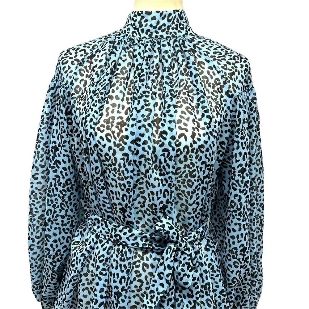 ASOS Blue Animal Print Belted Puff Sleeve Sheer Blouse Women’s 8 - Picture 3 of 13